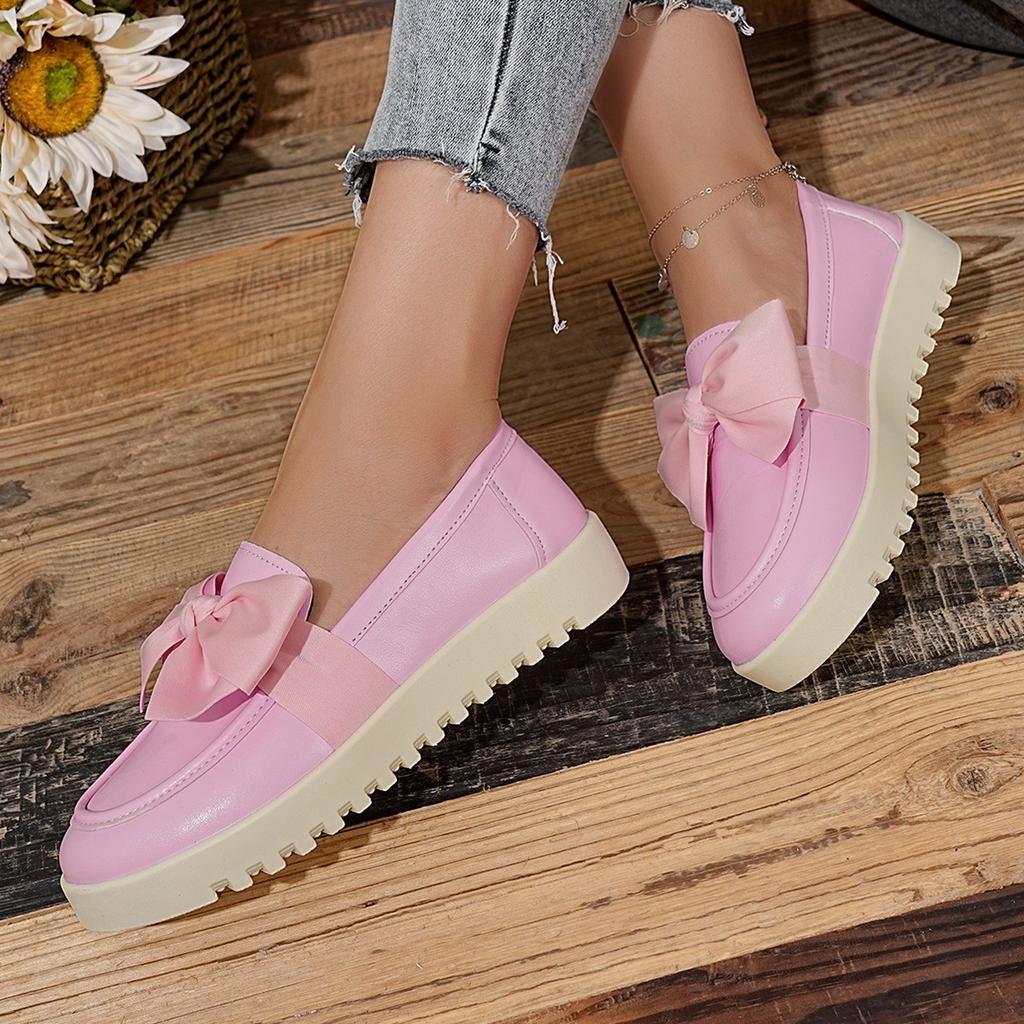 Bow Thick-soled Loafers for Women, 2025 Autumn New British-style Plus-size Muffins with A Foot of Small Leather Shoes