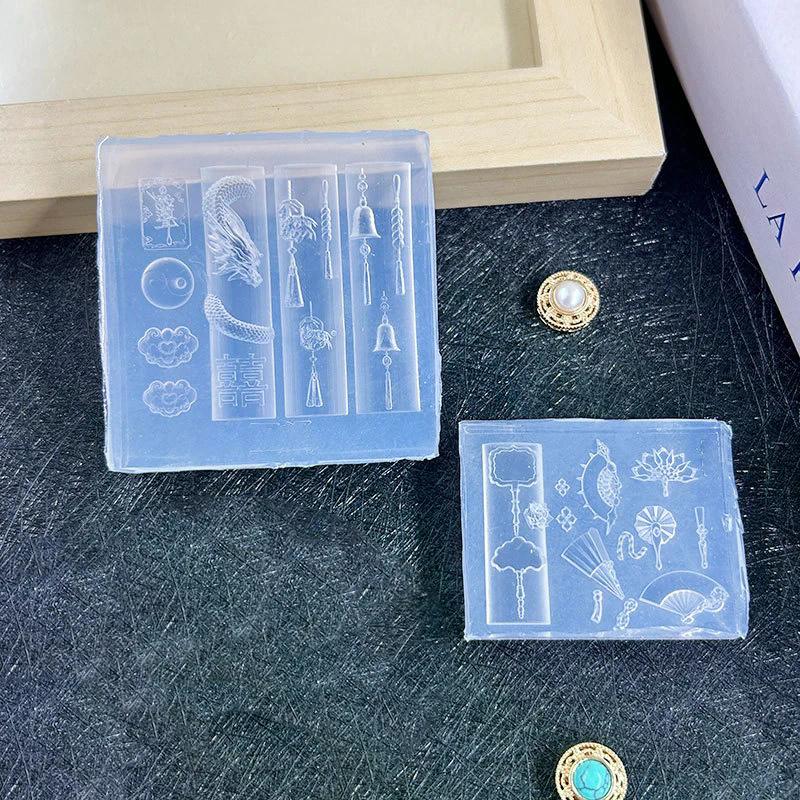 3D Chinese-Style Transparent Silicone Nail Molds Dragon Copper Coins Bells Chinese Knots Fan Manicure Design Templates