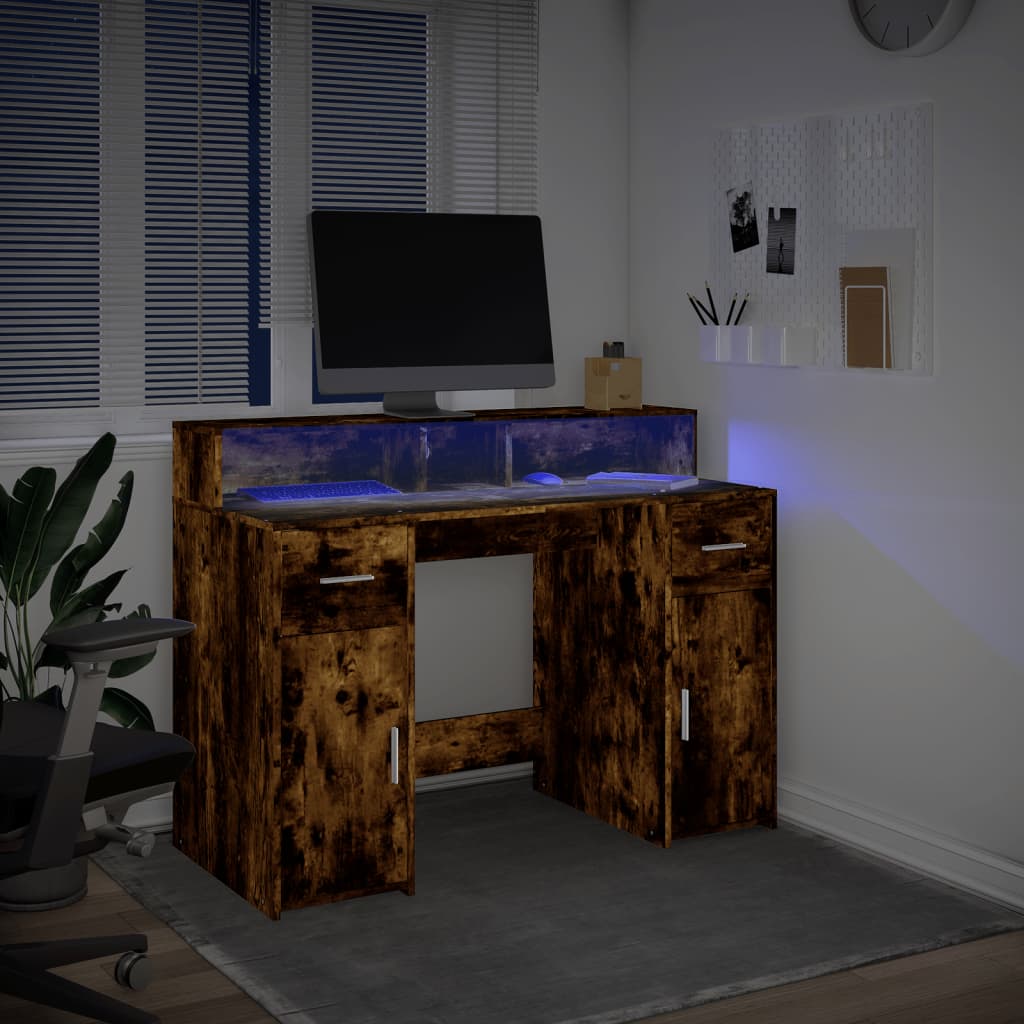 Vidaxl Biurko Z Podświetleniem Led, Przydymiony Dąb, 120X55X91 Cm