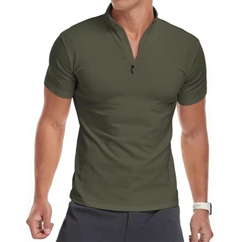 Men's Short-sleeved Shirt With Stand-up Collar And Zipper, Slim-fit Basic , Made Of Ice Silk