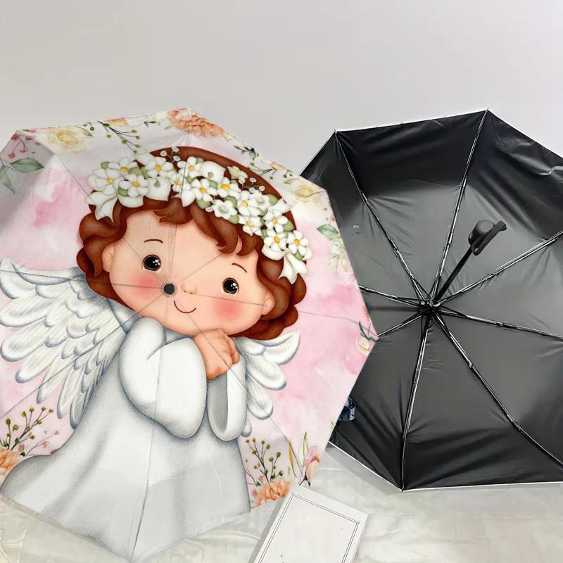 1pc Angel Flowers Automatic Folding Umbrella, Heavy Duty 8 Rib Iron Frame,  Suitable for Travel, Daily Use, Birthday, Decor Gift m0104018