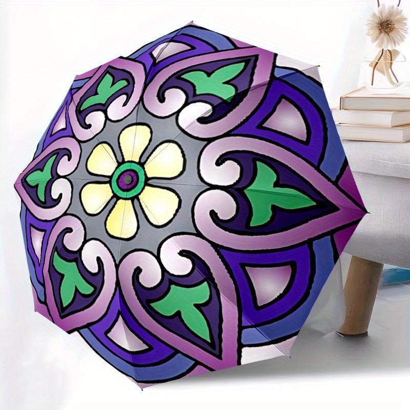 1pc Floral Mandala Design Folding Umbrella With Excellent UV Protection, 8 Ribs Casual Durable Lightweight Portable Travelling Umbrella For