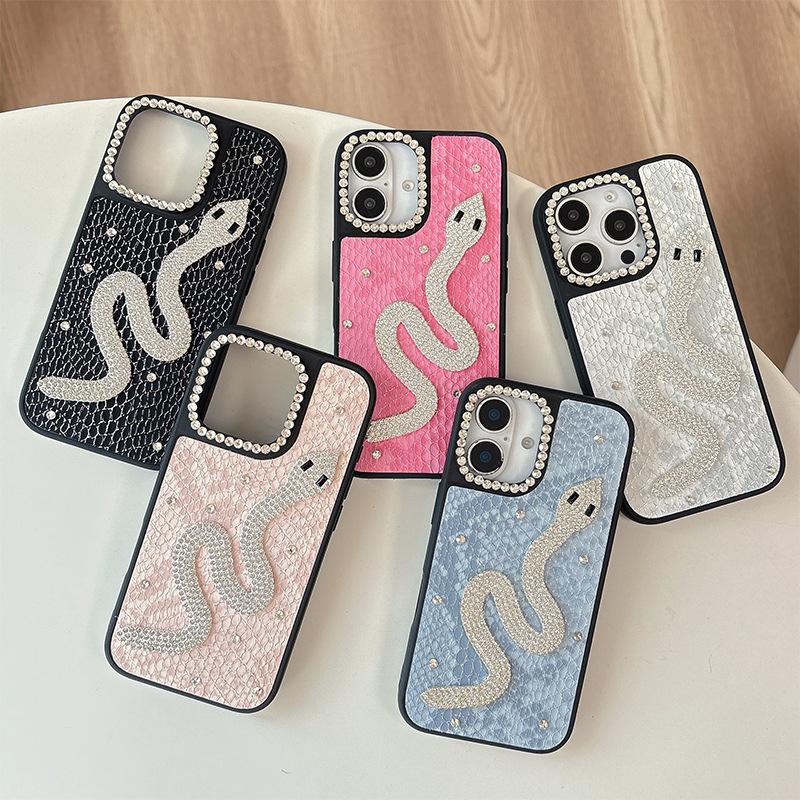 Silver Snake Rhinestone Mobile Phone Case Is Suitable For Apple 17Promax Solid Color Leather Iphone16 Light Luxury Fashion 15Plus