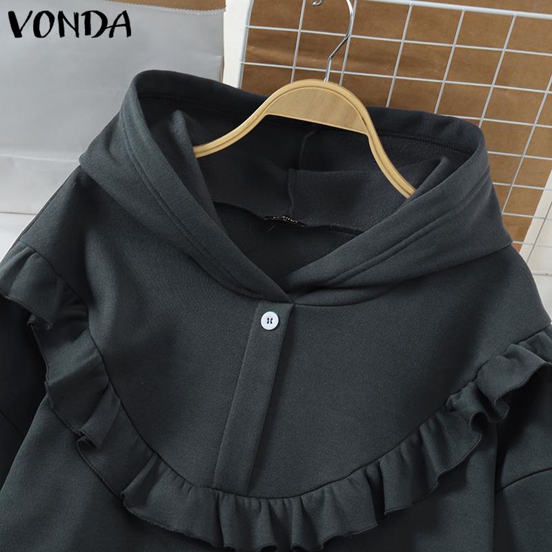 VONDA Women Long Sleeve Ruffled Solid Color Hooded Sweatshirts