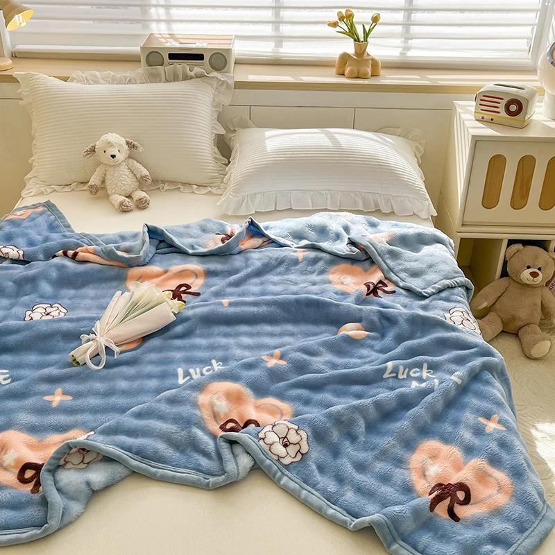 Cartoon Pink Love Print Milk Velvet Throw Blanket Super Soft Warm Plush Blue Blanket Travel Multifunctional Decorative Blankets