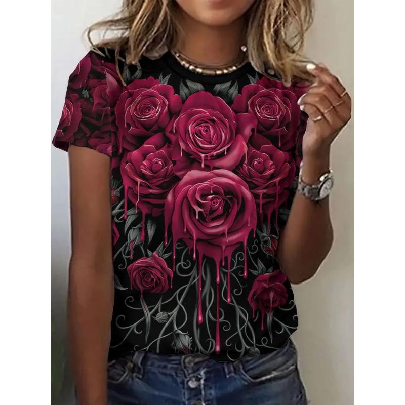 Flower Short Sleeve Fashion Women's Solid Color Flower Crew Neck T-Shirt 3D Flower Color Printing Crew Neck Short Sleeve Tees