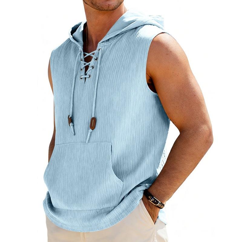 Mens Lace Up Sleeveless Hooded Tank Top