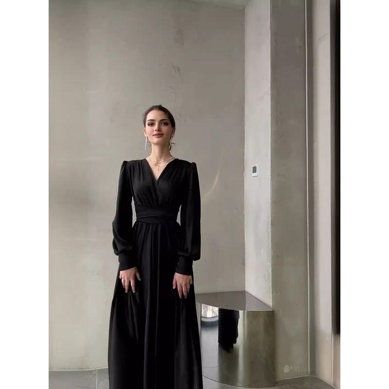 European and American V-neck Lace-up Waist Hugging Pleat Elegant Black French Style Long Dress Black Long Dress