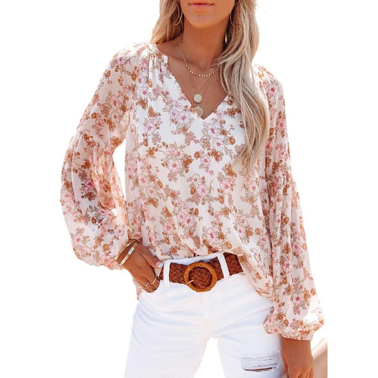 2026 New Spring and Autumn Women's V-neck Chiffon Top Lantern Sleeve Floral Casual T-shirt