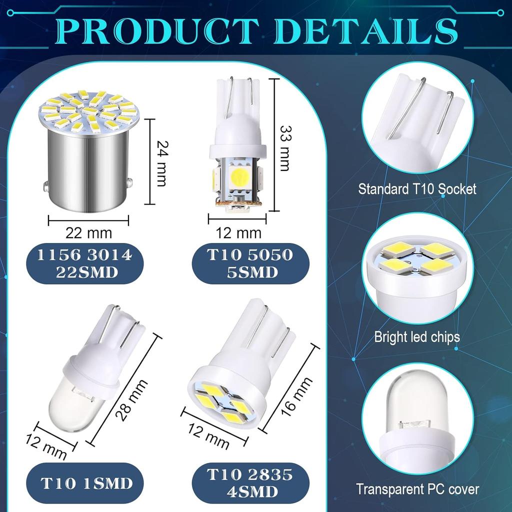 Frienda 70 Pieces LED Car Bulb Kit Interior Car Lights LED Dome Light 31 Mm 36 Mm 41 Mm T10 Bulbs Festoon Bulbs For Car Interiors Map Dome Trunk