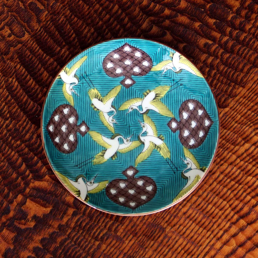 Kutani Ware Seikogama 5 Teller Alter Kutani Aote Kran Karuta Muster Nr. MC-502