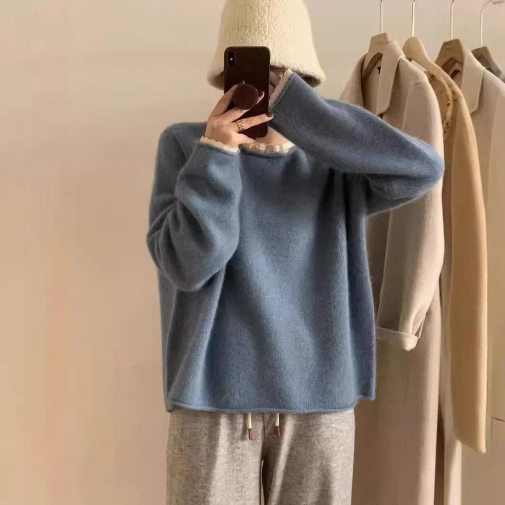 Autumn and Winter Loose Soft Lace Edge Knitted Sweater Top Round Neck Hooded Sweater for Women