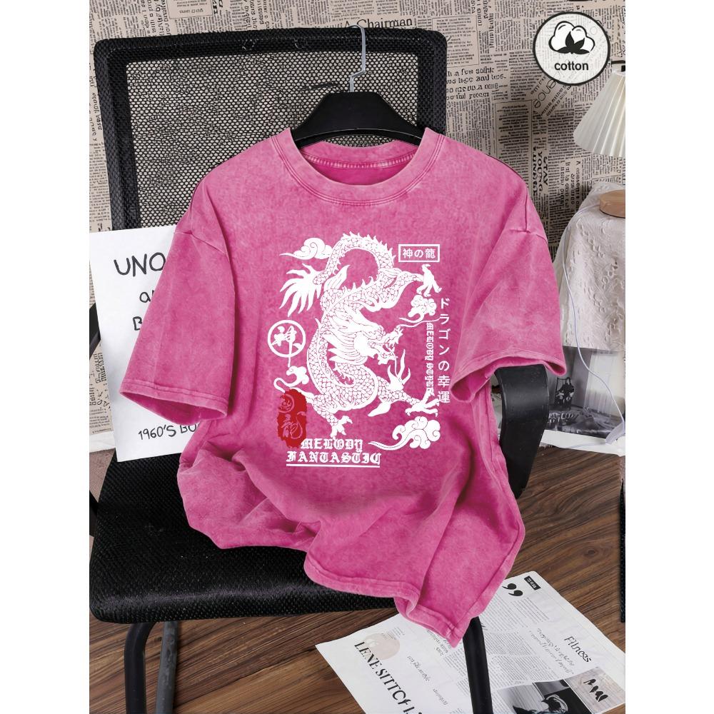 Japanische Harajuku Drachenaufdruck Damen Gewaschene T-Shirts Lässiges T-Shirt Sommer Hip Hop Streetwear Baumwolle Übergroße Kleidung