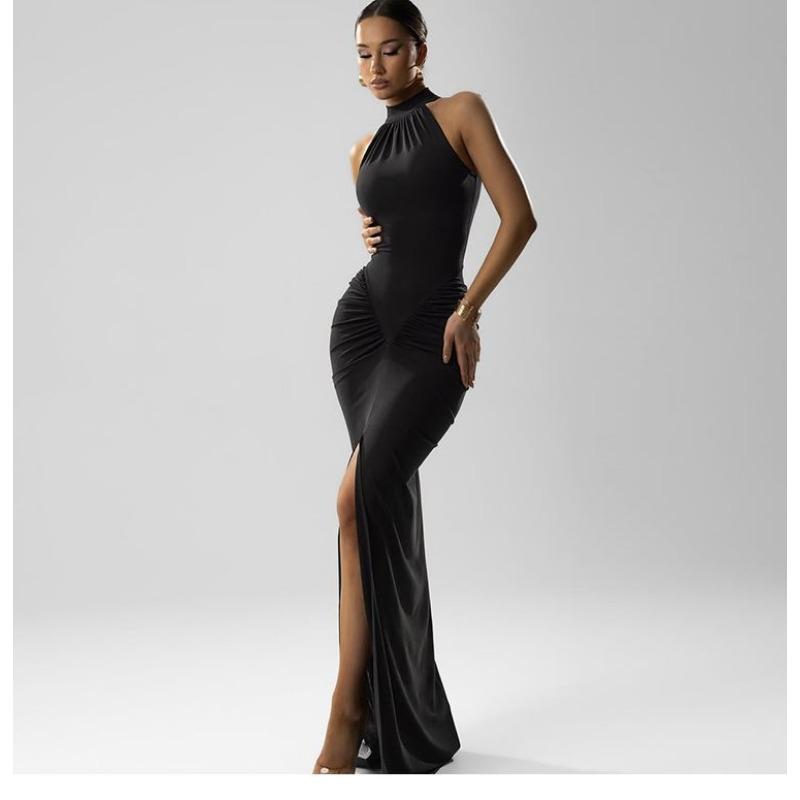 Einfarbig Plissiert Ärmellos Hoher Schlitz Schmale Taille Figurbetont Hüftbetont Langes Kleid