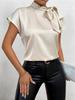 Women Summer Minimalist Shirt Elegant Women's Satin Pink Short Sleeved Lace-up Bow Neck Casual Fitting Office Shirt