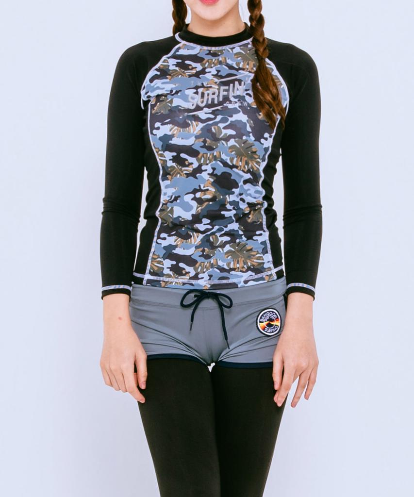 Dangun Camo Color Block Unique Raglan Long Sleeve Rash Guard