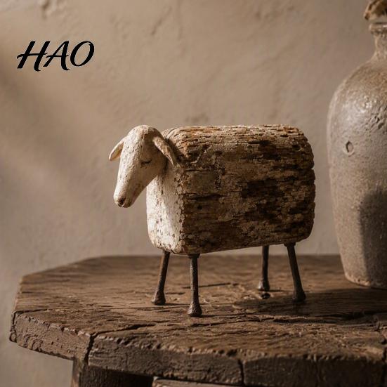 Distressed Wood Animal Sculpture Vintage Longhorn Bull/Sheep Sculpture, Rustic Farmhouse Figurine, Western Style Unique for Mantelpiece Decorative