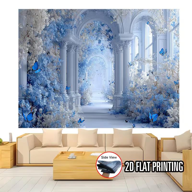 2D Fantasy Palace Corridor Backdrop Blue Flowers Butterflies Wedding Background Cloth 47.2x31.5inch/120*80cm