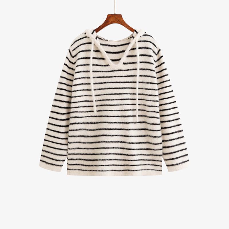 Plus Size Women s Hooded Faux Mink Sweater for Winter - Striped Slimming Knitwear XL 60-80kg абрикосовый 3540₽