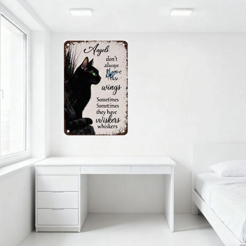 Vintage Black Cat Blue Butterfly Tin Sign 'Angels Don't Always Have Wings' Whimsical Whiskers Metal Wall Decor with Rusted Borde