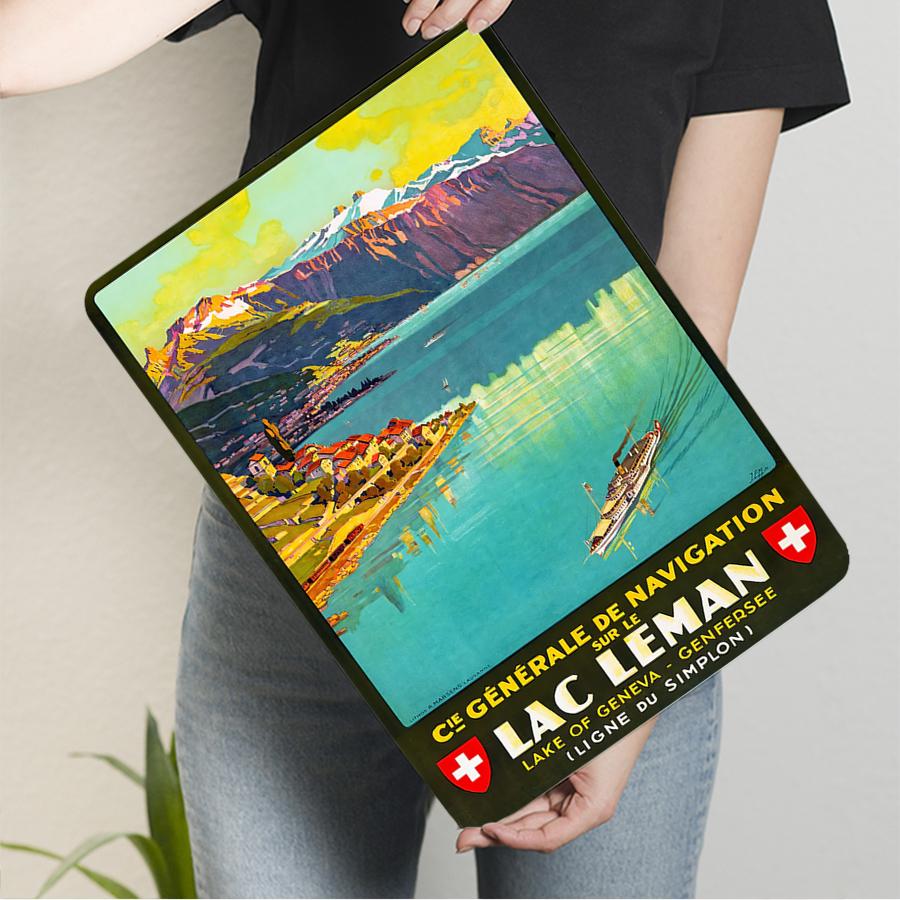 

Vintage Lake Geneva Landscape Metal Wall Art Swiss Travel Decor Nostalgic Cruise Mountain Poster Home Decoration 20x30cm（7.8x11.8inch）