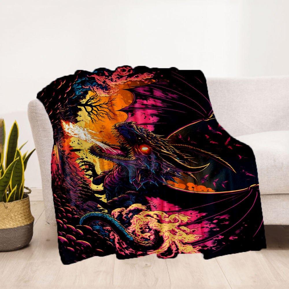 "Flaming Dragon Fantasy Art Print - Epic Creature Wall Decor"Blanket Flannel Throw Blanket for Sofa, Bed, Travel, Camping, Office, Couch, Ch