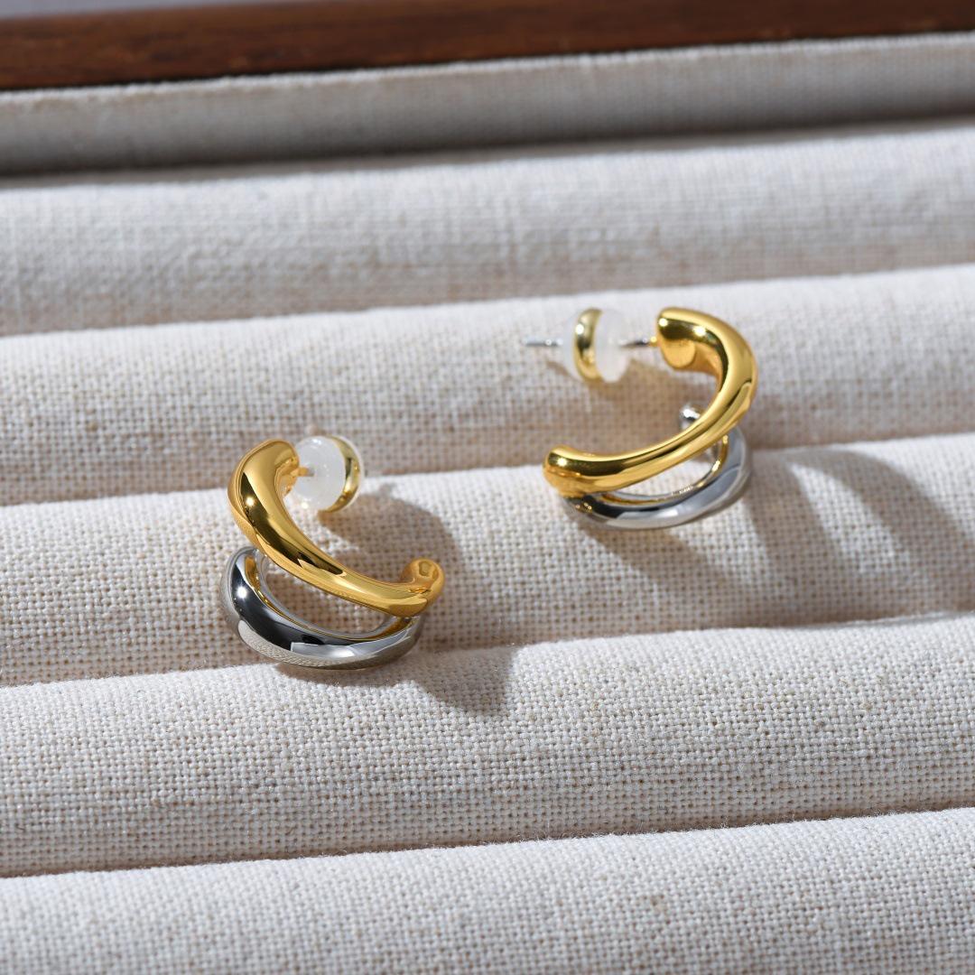 European Fashion Copper-Plated 18k Gold C-shaped Double Layer Earrings with S925 Silver Needle