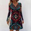 Women's Long-sleeved Casual Midi Dresses V-Neck Print  Casual Dress