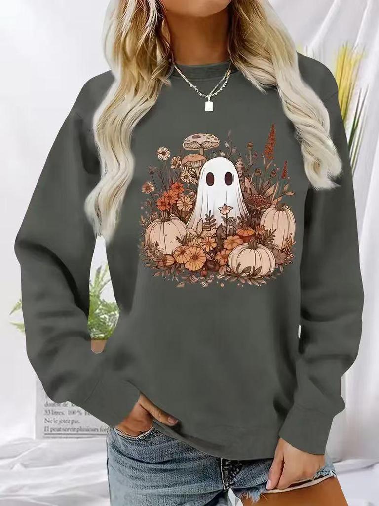 2025 Autumn/Winter Halloween Ghost & Pumpkin Hoodie, Versatile Long Sleeve, Round Neck