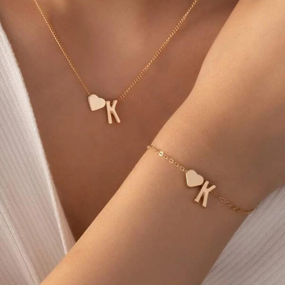 Retro Metal Heart  M  Necklace  Bracelet Set for Women - European  American Letter Jewelry
