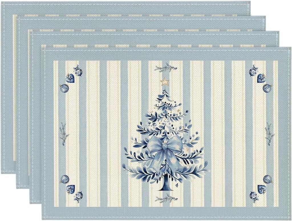 Christmas Tree Print Linen Placemats Bowls Plates Anti-slip Heat-insulating Mats Christmas Themed Table Mats for Home Decoration