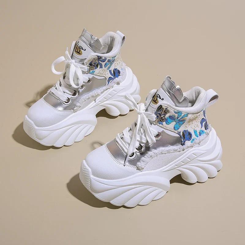 Fashion New Women Casual Platform Sneakers 8.5CM High Heels Autumn Sports Leather Shoes Breathable Trainers Chunky Zapatos Mujer