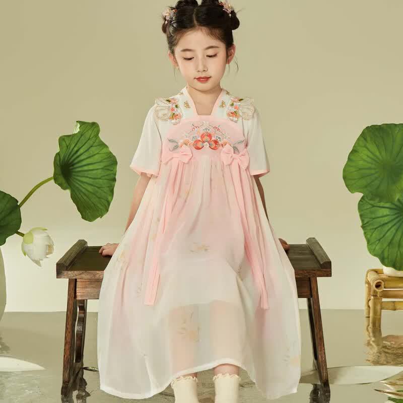 Girls  Princess Style Hanfu Short Sleeve Embroidered Dress 160