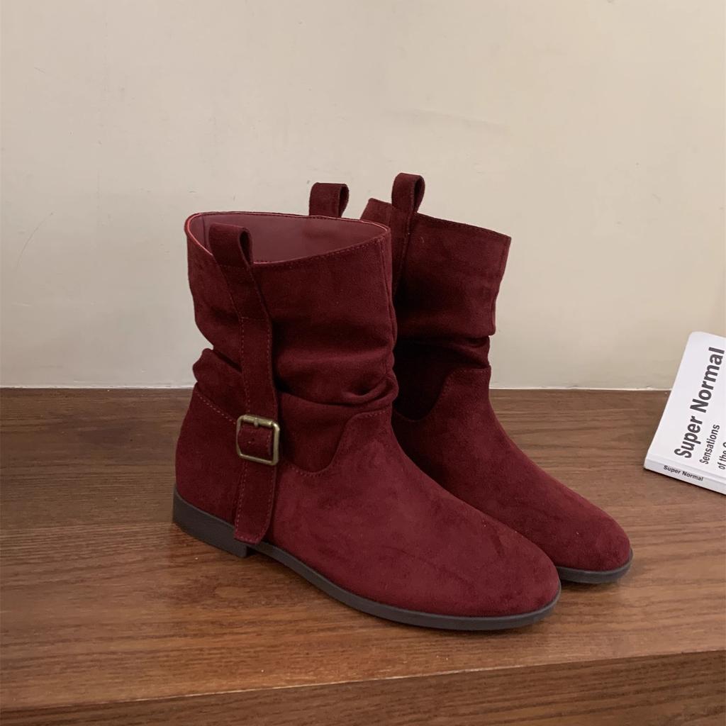 Flat Bottom Pleated Suede Pile Boots Women's Vintage Western Cowboy Medium Boots Martin Boots Autumn/Winter Chelsea Short Boots