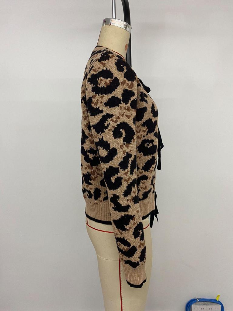 2026 Autumn/Winter Leopard Print Lace-up Round Neck Cardigan Sweater