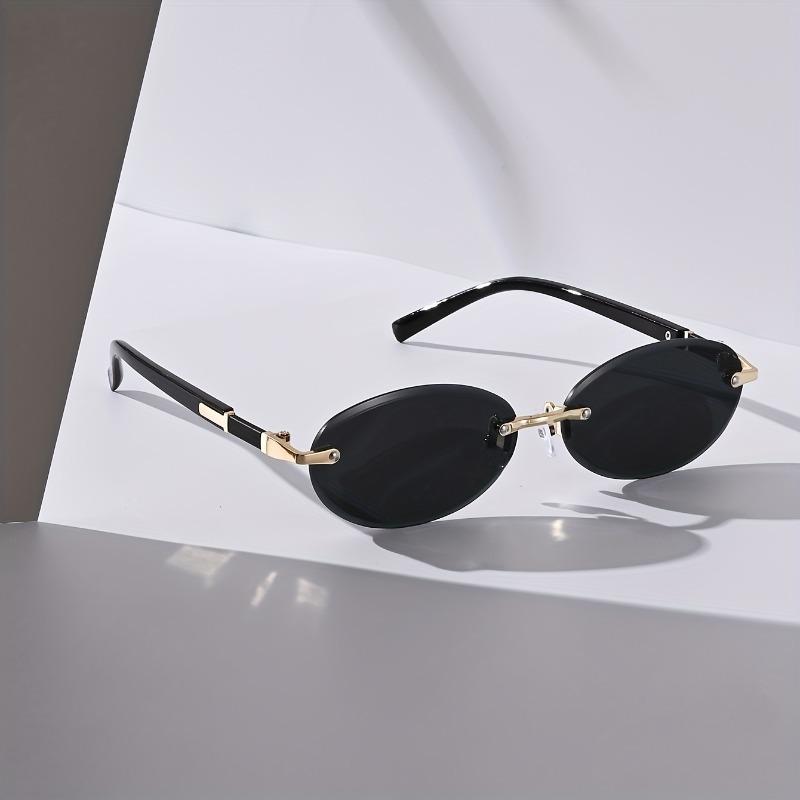Vintage-Inspired Oval Frameless Fashion Glasses for Men & Women - Chic Black Metal Frame Tone Accents Multiple Colors Available