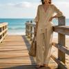 Women's Cotton Linen Two Piece Set V Neck Ruffle Sleeve Top and Loose Fit Casual Wide Leg Pants Lightweight Breathable Outfit
