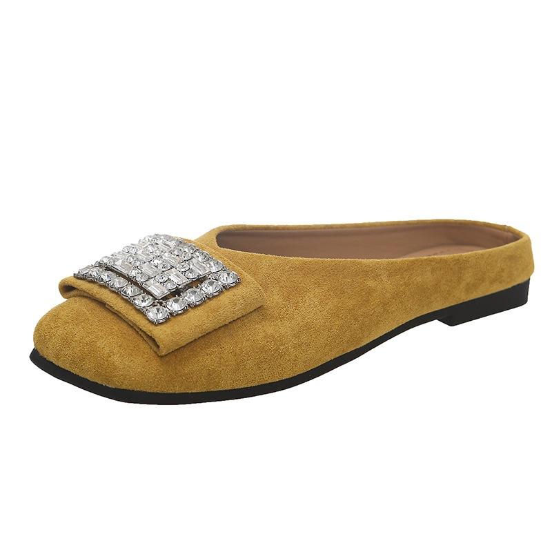 Fashion bag head half slippers women's versatile non-slip rhinestones 2025 new spring and autumn square head outer wear flat single shoes