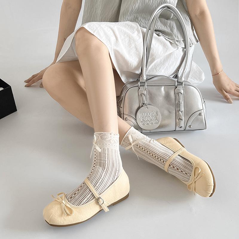 Sexy Schleifen-Stil weiche Mary Jane Schuhe 2025 Frühling und Herbst süße runde Zehenpartie Ein-Wort-Riemen Einzelne Schuhe flacher Ausschnitt Ballerinas