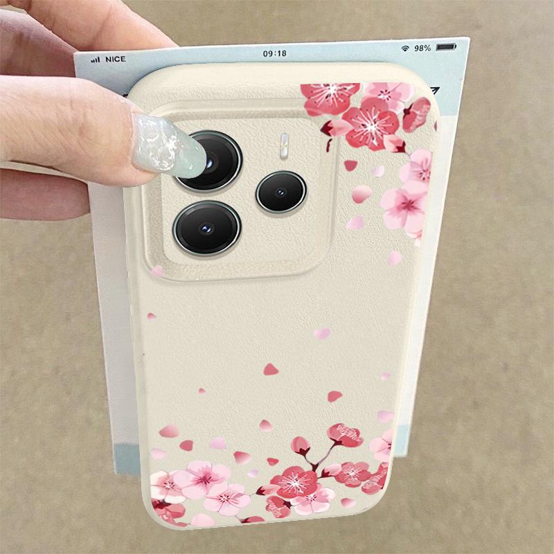 Sakura Blumenmuster Weiche Matte Hülle Für Xiaomi 13T Poco X7 X6 M6 Pro Redmi Note 14 13 Pro 12 11 TPU Ledertextur Stoßfest Schlanke Handyhülle