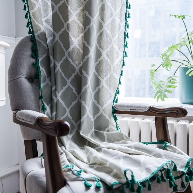 Curtain Geometric Printing Green Tassel American Style Small Window Kitchen Valance Cotton Linen Semi-shading Window Curtain