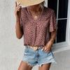 Women Leopard Print V Neck Short Sleeve Mid Length Casual Shirt