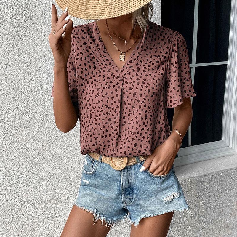 Women Leopard Print V Neck Short Sleeve Mid Length Casual Shirt