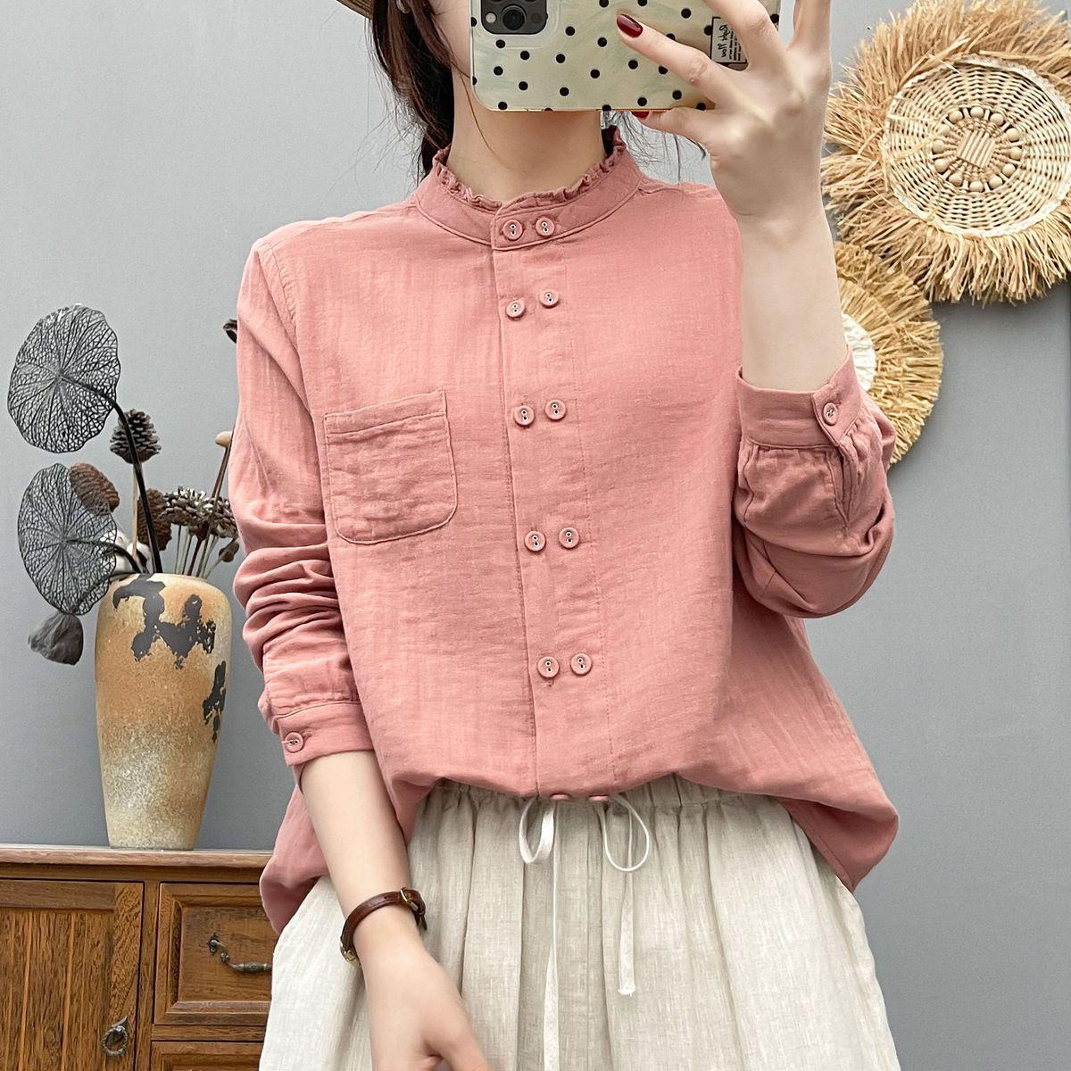 Elegant Lace Collar Double-Breasted Cotton Gauze Long Sleeve Women s Spring Top Medium розовый