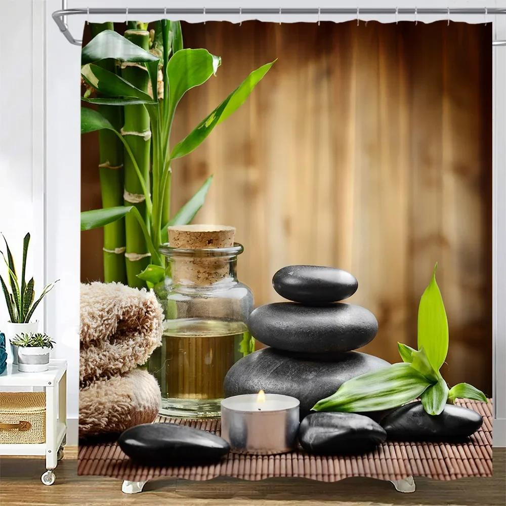 Zen Green Bamboo Shower Curtain Pink Flower Plant Black Stone Spa Garden Scenery Wall Hanging Fabric Bathroom Decor Curtains S