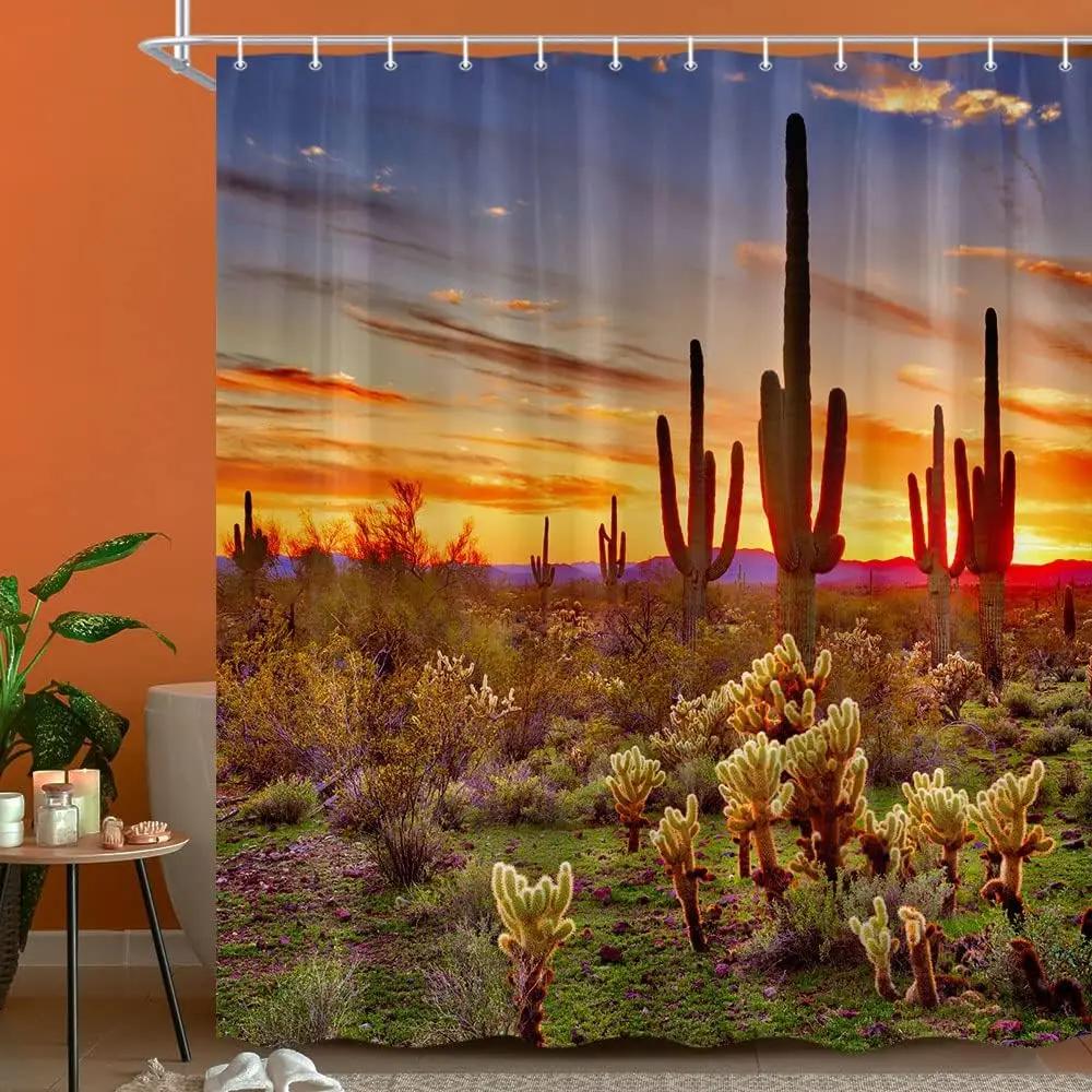 Western Landscape Sunset Desert Cactus Bathroom Curtain, Natural Scene Waterproof Polyester Fabric Shower Curtain with Hook