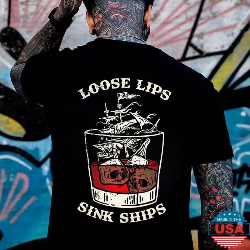 LOOSE LIPS SINK SHIPS Skulls Ship in the Water Graphic Black Print Unisex T-Shirt S