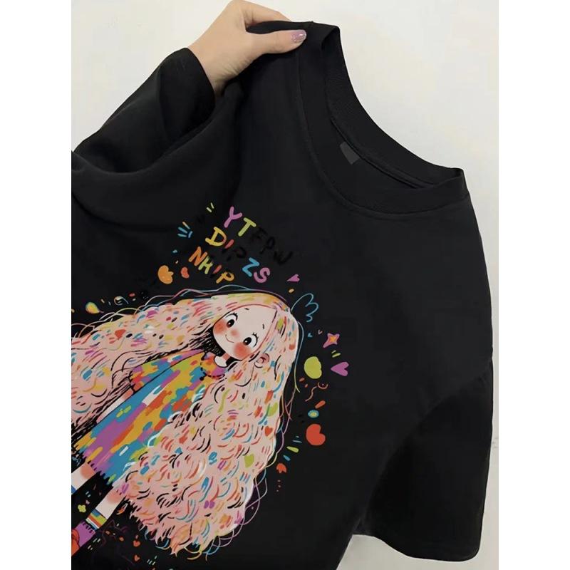 

Футболка большого размера из чистого хлопка с короткими рукавами для женщин, летний дизайн, Niche Huge Slim Top XXXL чёрный