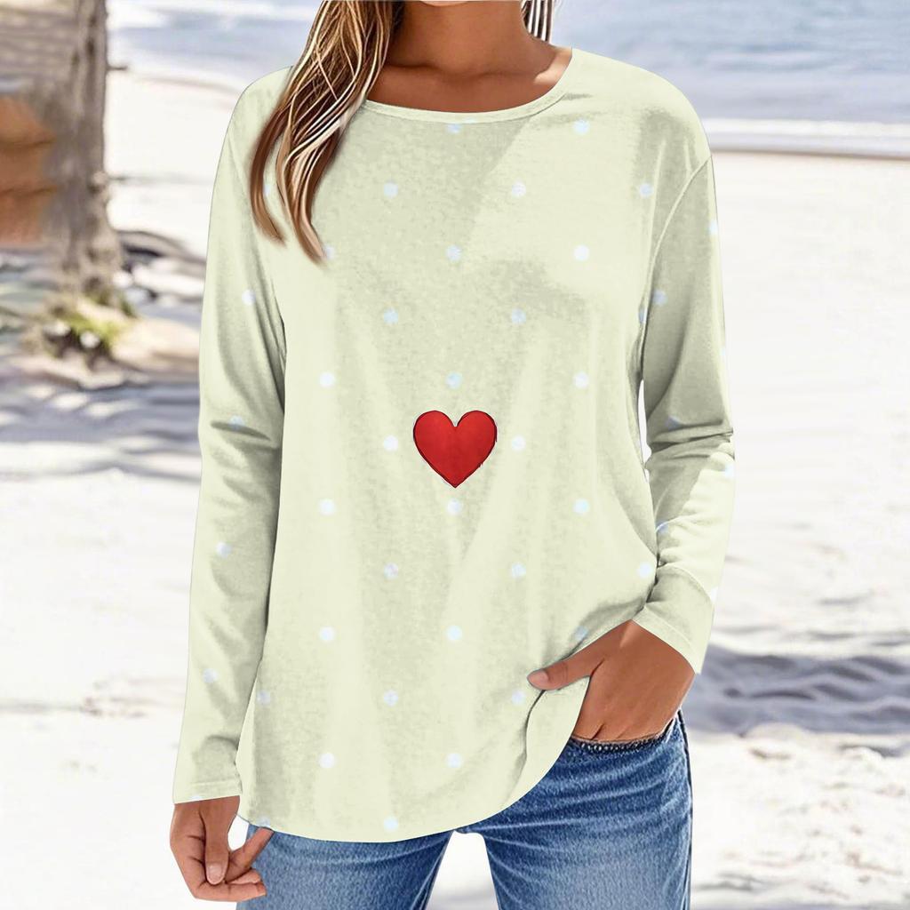 Damski casualowy top z długim rękawem, z nadrukiem walentynkowym, z okrągłym dekoltem