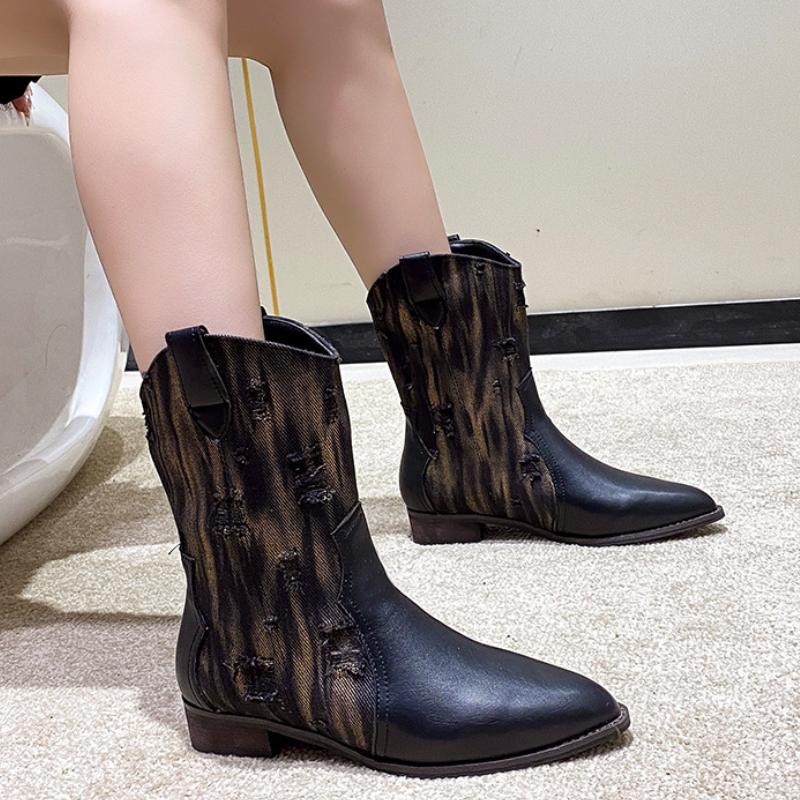 Retro Western Cowboy Stiefel für Damen 2024 Neue Herbst/Winter Splicing Kurze Stiefel Internetberühmte Street Trendy Damenschuhe